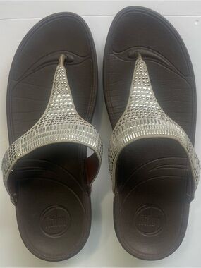 FitFlop Lulu Studded Crystal Toe-Post Sandals Brown Silver Women's US 9